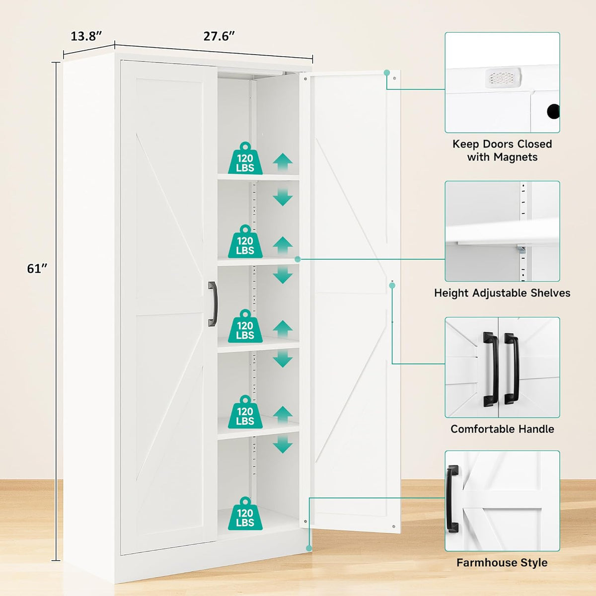 SISESOL 61" Tall Pantry Cabinet,Farmhouse Kitchen Pantry Storage Cabinets with 2 Doors and 5 Shelves,White Metal Storage Cabinet,Large Cupboard for Home,Kitchen,Dining/Living Room