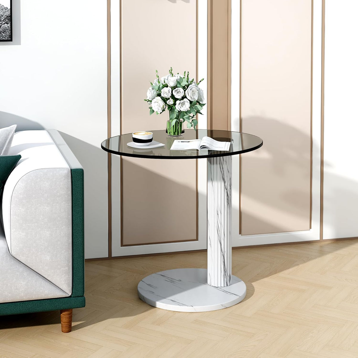 Hooseng Glass Round Coffee Table End Table, 22-Inch Modern Tempered Transparent Glass Top,Perfect for Living Room,Cafe,Home,and Office(White)