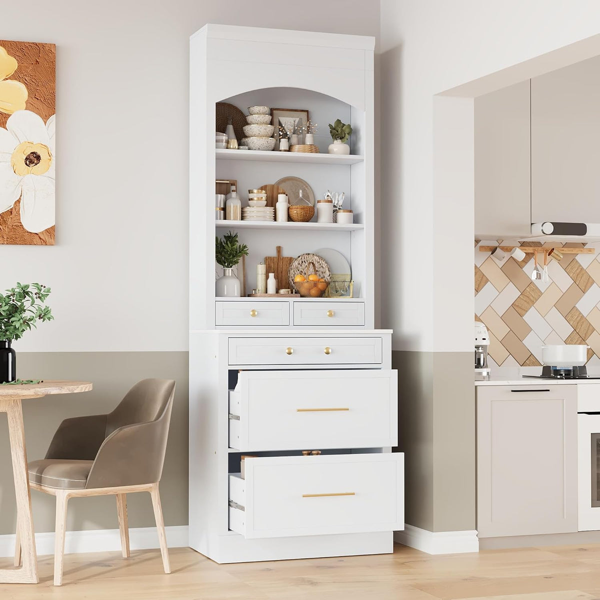 84'' Tall Kitchen Pantry, Storage Cabinet with 5 Storage Drawers and Adjustable Shelf, Anti-Tip Safety, Faux Marble Top Display Cupboard for Kitchen, Dining Room, Living Room, White