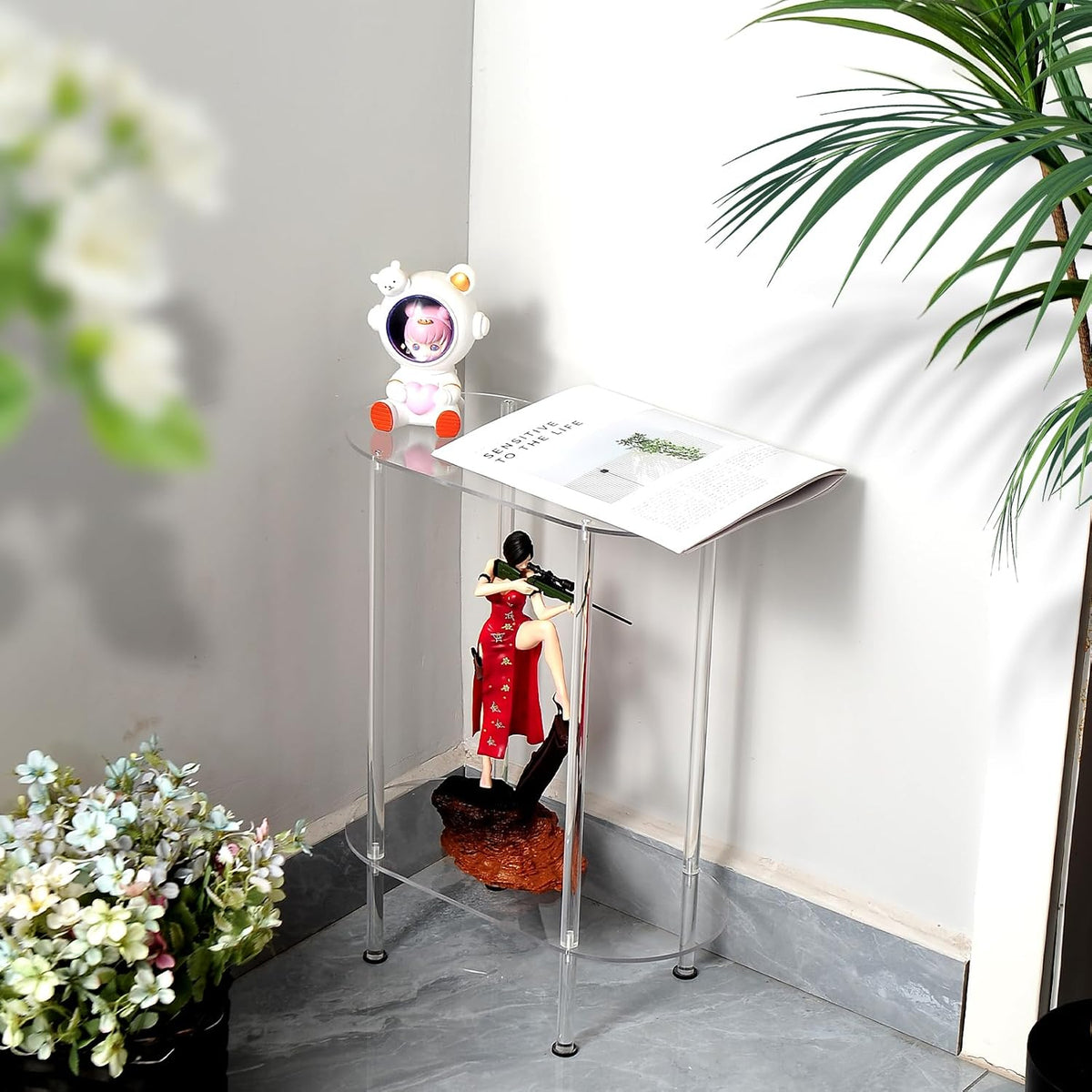 Modern Clear Acrylic Narrow Side Table for Small Spaces, 15.55" L x 7.87" W x 19.68" H, 2 Tier Oval End Table Nightstand, Small Bedside Table for Bedroom, Bathroom, Living Room(Oval)