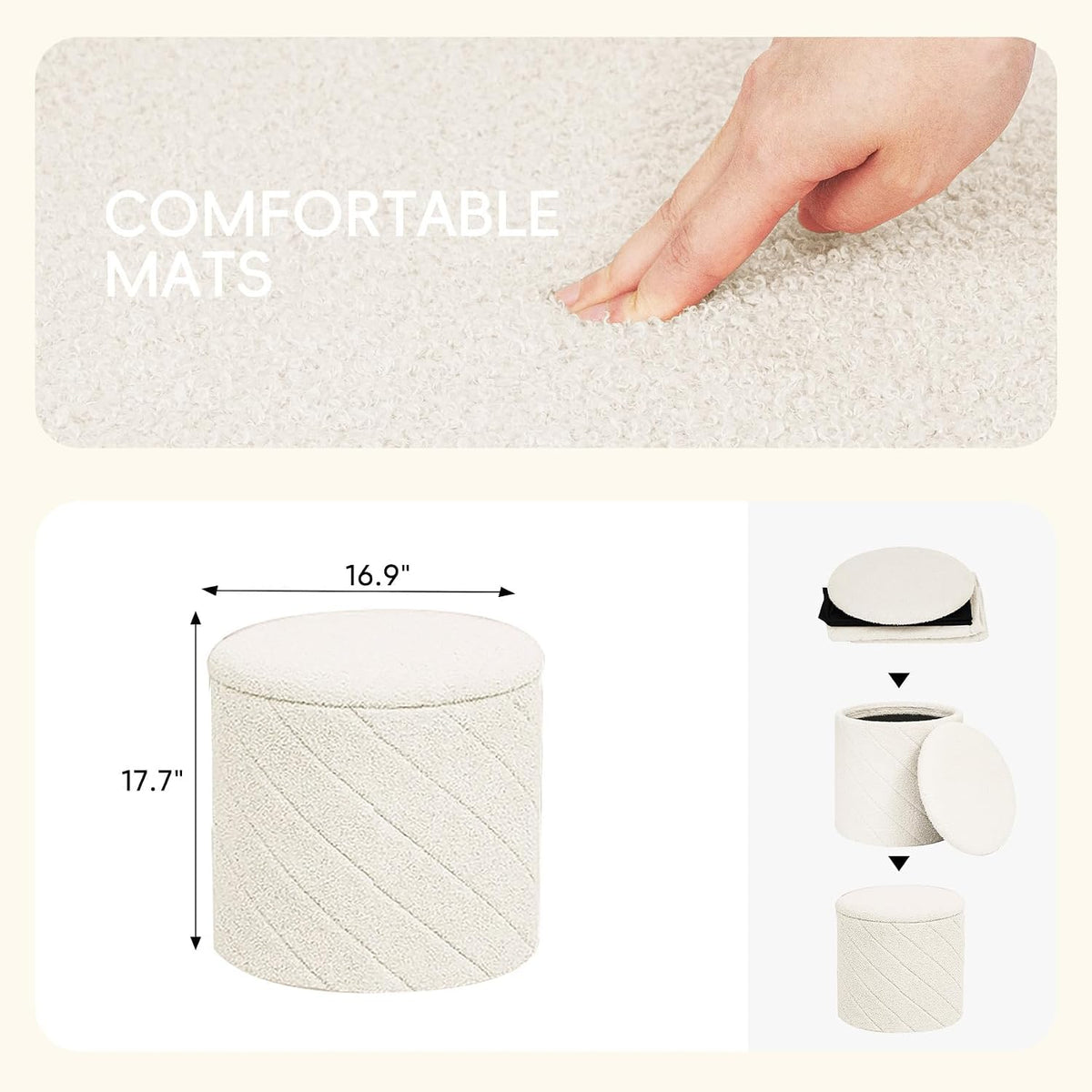 PINPLUS Ottoman with Stroage Round Boucle Ottoman and Tray Sherpa Removable Foot Stool Coffee Table for Dorm, Living Room White, 16.9"x16.9"x17.7"