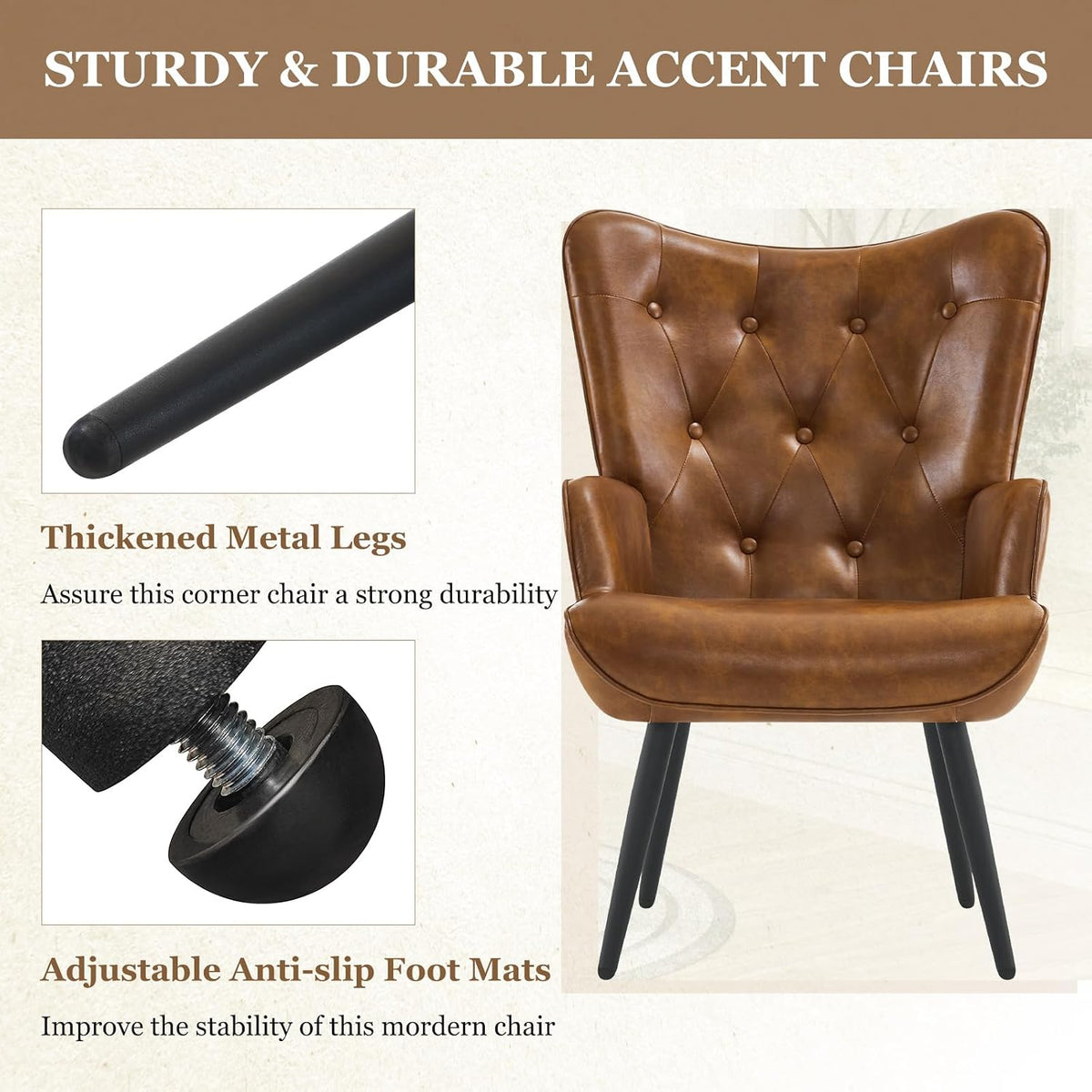 Furnimart Accent Chairs Set of 2, Brown PU Leather Reading Armchair with High Backrest, Wingback Corner Chair Mid Century Modern for Living Room, Bedroom, Waiting Room