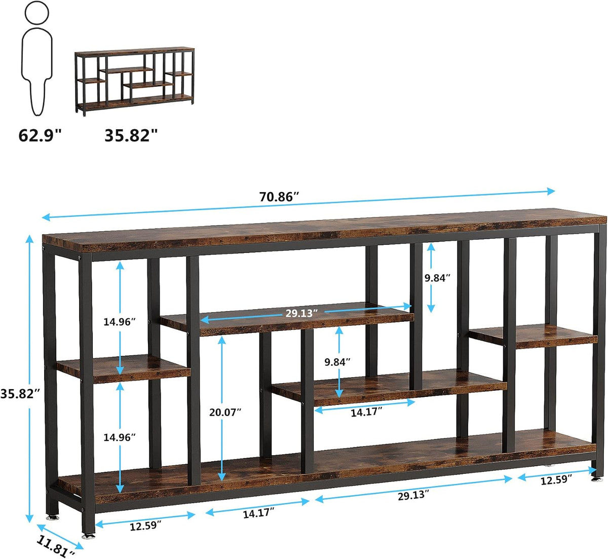 Tribesigns Console Sofa Table, 70.9 inch Extra Long Table Behind Couch with Storage Shelves, 3-Tier Industrial Narrow Entryway Hallway Accent Table for Living Room, Rustic Brown