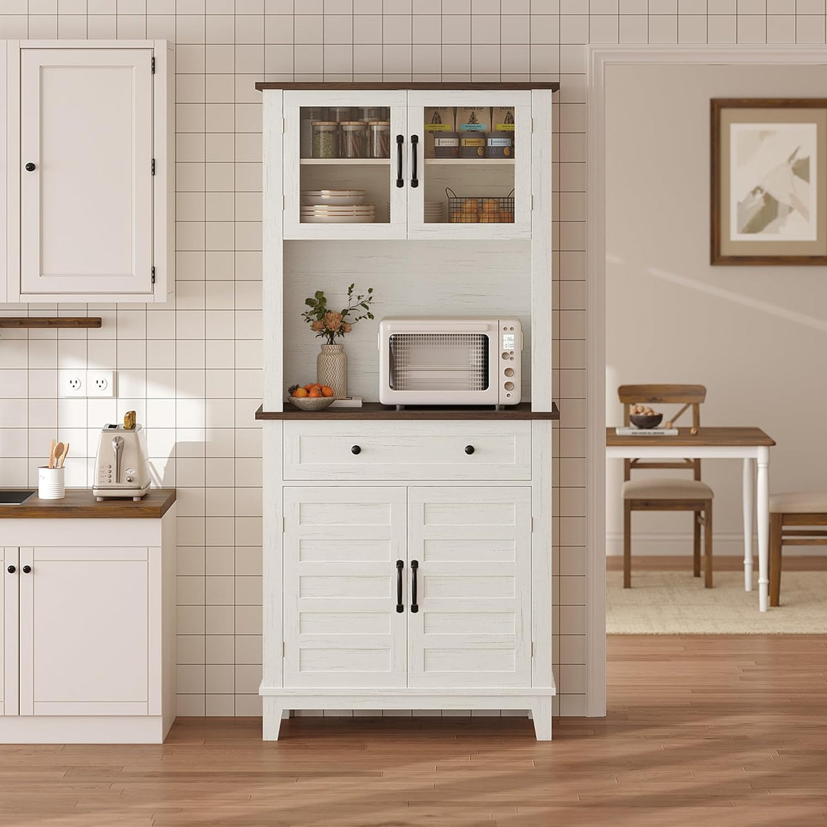 IDEALHOUSE Modern 72-Inch Freestanding Pantry Cabinet – Buffet Hutch with Adjustable Shelves, Large Drawer, Glass & Wooden Doors, Open Storage – Brown & White Contrast – Perfect for Dining Room,