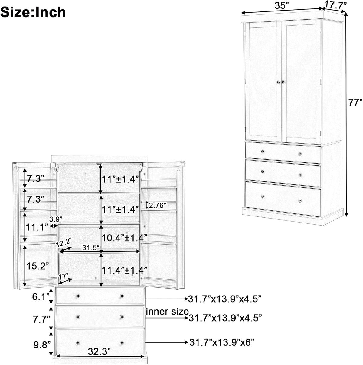 Ball & Cast 77" Freestanding Kitchen Pantry with 3 Drawers and Adjustable Shelves,Tall Cupboard Storage Cabinet with 8 Door Shelves, for Kitchen,Dining Room,Living Room,Apartment,Gray