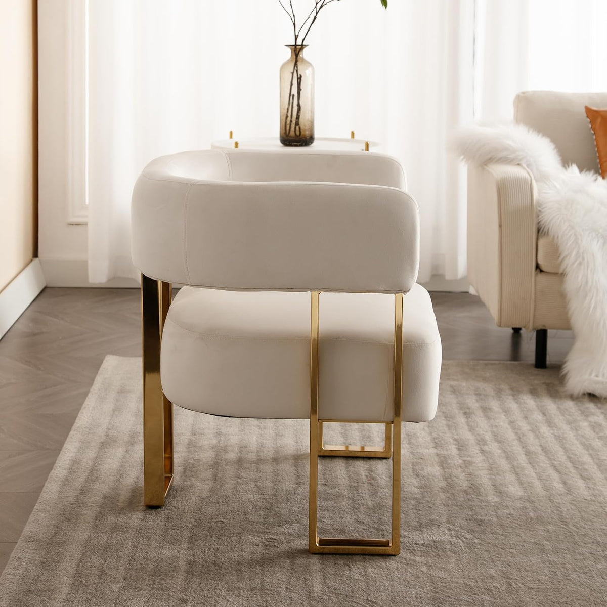 Modern Barrel Accent Chairs Set of 2, Living Room Side Chairs with Golden Metal Legs, Soft Velvet Reading Armchairs for Bedroom, Upholstered Club Chairs for Reception Room/Office, Ivory