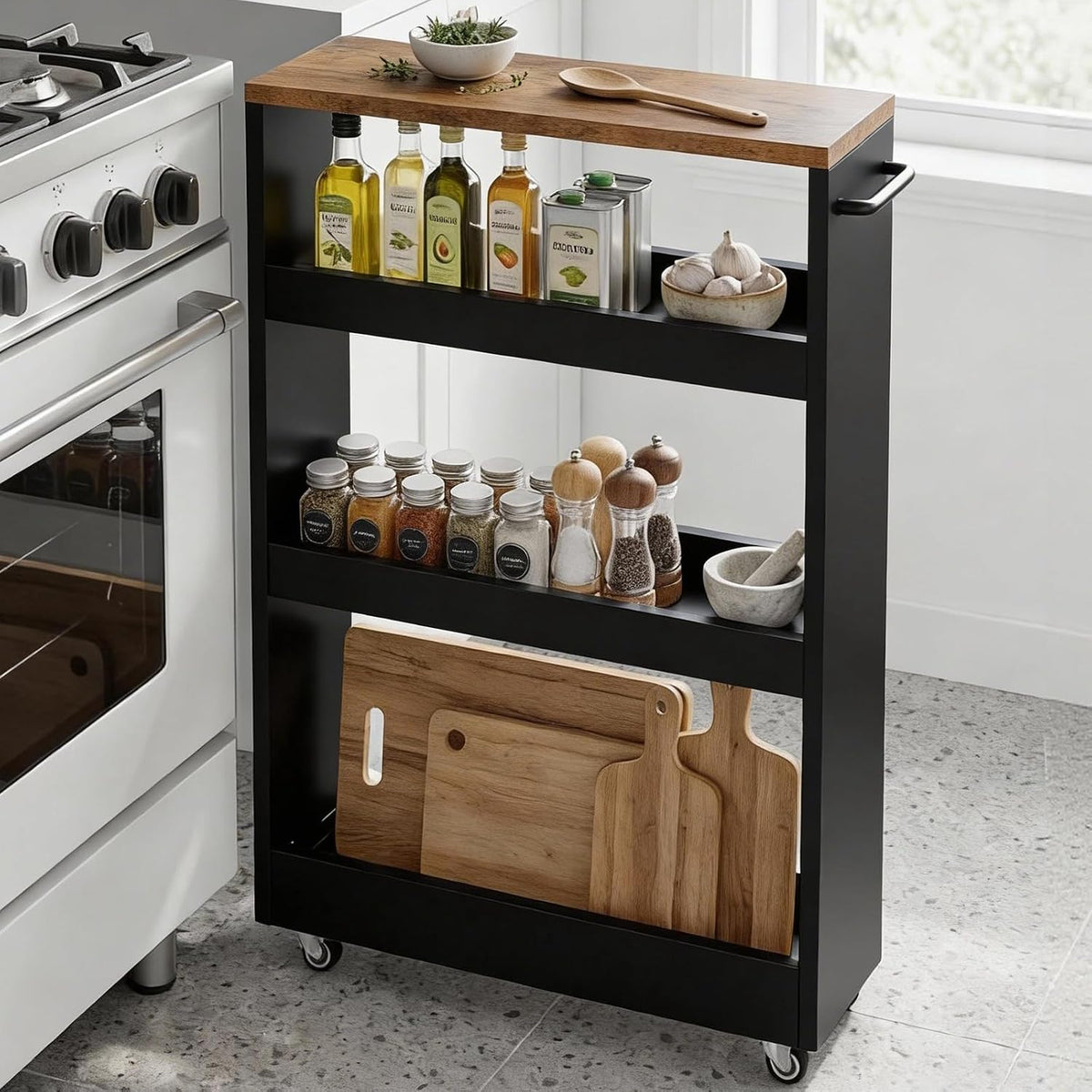 TEAMIX Wood 4-Tier Slim Rolling Storage Cart, 7.9"W, 24.8"D, 36.7"H, Black | Height Adjustable, 360°Swivel Wheels, Deeper & Taller, Use as Narrow Kitchen Cart, Laundry Organizer Between Washer & Dryer