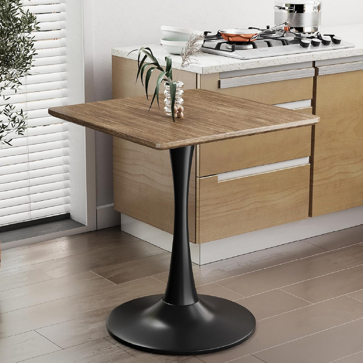 Walnut Square Tulip Table for 2, 24 Inch Small Dining Table with Metal Pedestal Base for Kitchen, Mid-Century Modern Table with Round Corners for Living Room, Cafe and Home Office