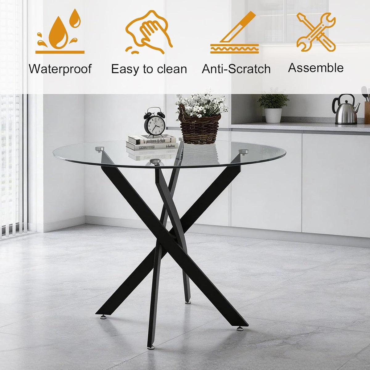 36" Round Glass Dining Table, Modern Kitchen Table with Clear Tempered Glass and Black Cross Metal Legs for Apartment, Small Spaces, Living Room