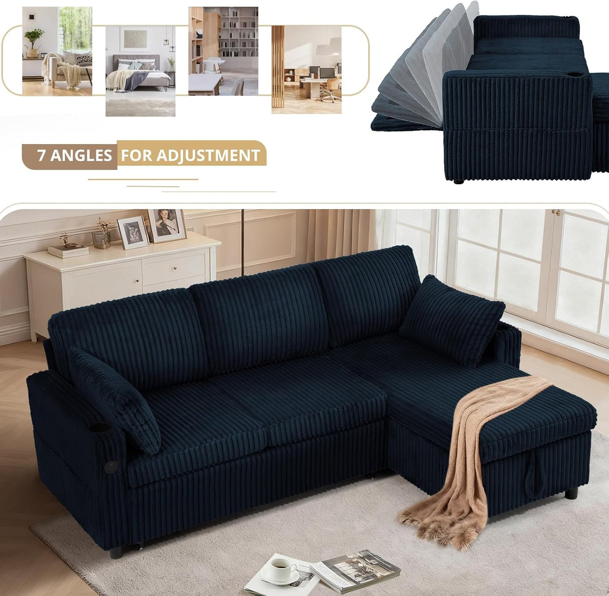 84" Corduroy Pull Out Sofa Bed w/Adjustable Backrests, Blue