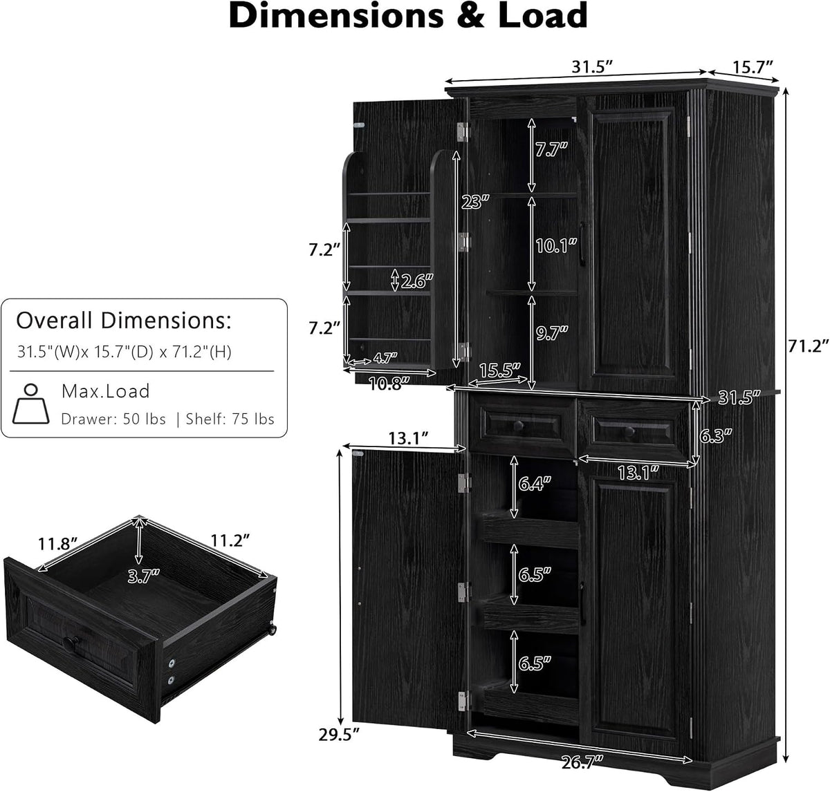 Ball & Cast 71" Farmhouse Kitchen Pantry Cabinet with 3 Pull-Out Organizers, Tall Storage Cabinet with 4 Doors, 2 Drawers, 6 Door Shelves & Adjustable Shelves, Freestanding Cupboard, Black