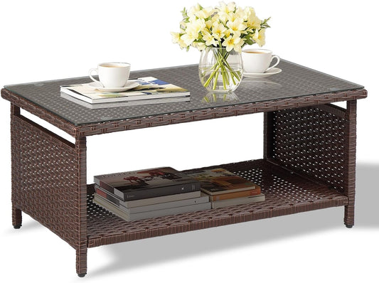 VINGLI Outdoor Wicker CoffeeTable Patio Coffee Tables for Outside, Tempered Glass Top Wicker Table with Storage Coffee Table for Patio Balcony Porch Deck (Brown)