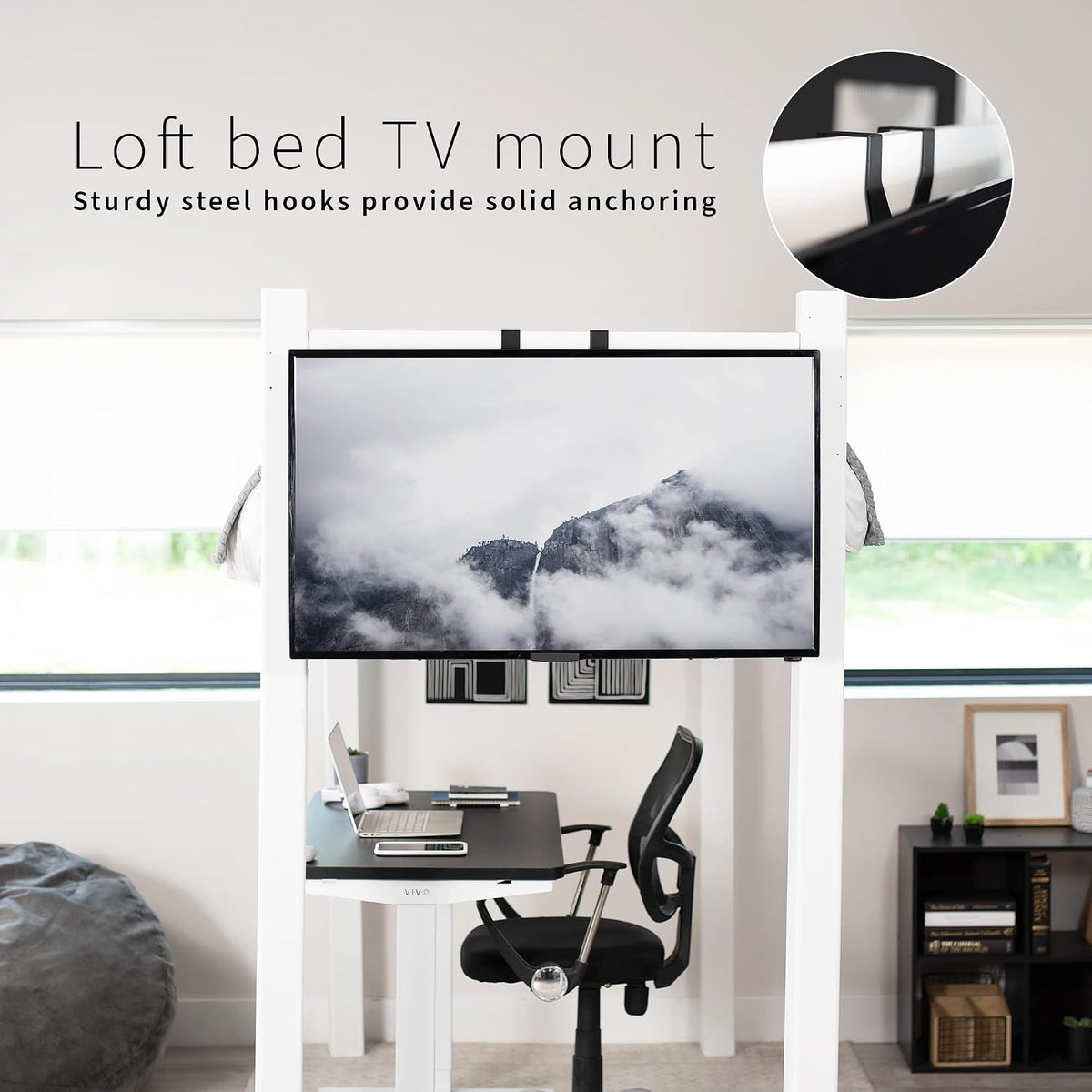 VIVO TV Hanger Bracket for 24 to 55 inch Flat and Curved Screens, Light Weight Steel Design, Height Adjustable Cross Bar, Loft Bed, Thin Door TV Mount, Max VESA 400x400, Black, MOUNT-TV01LB