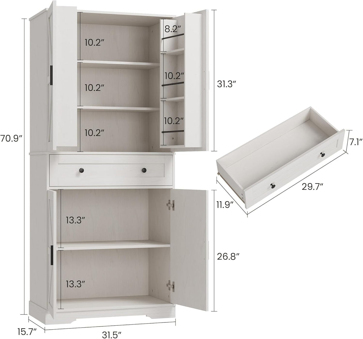 Garvee 71" Kitchen Pantry Cabinet, Barn Door Freestanding Cupboard with Drawer, Sliding Storage Rack, and 6 Hanging Shelves for Kitchen, Dining Room, Living Room Bedroom