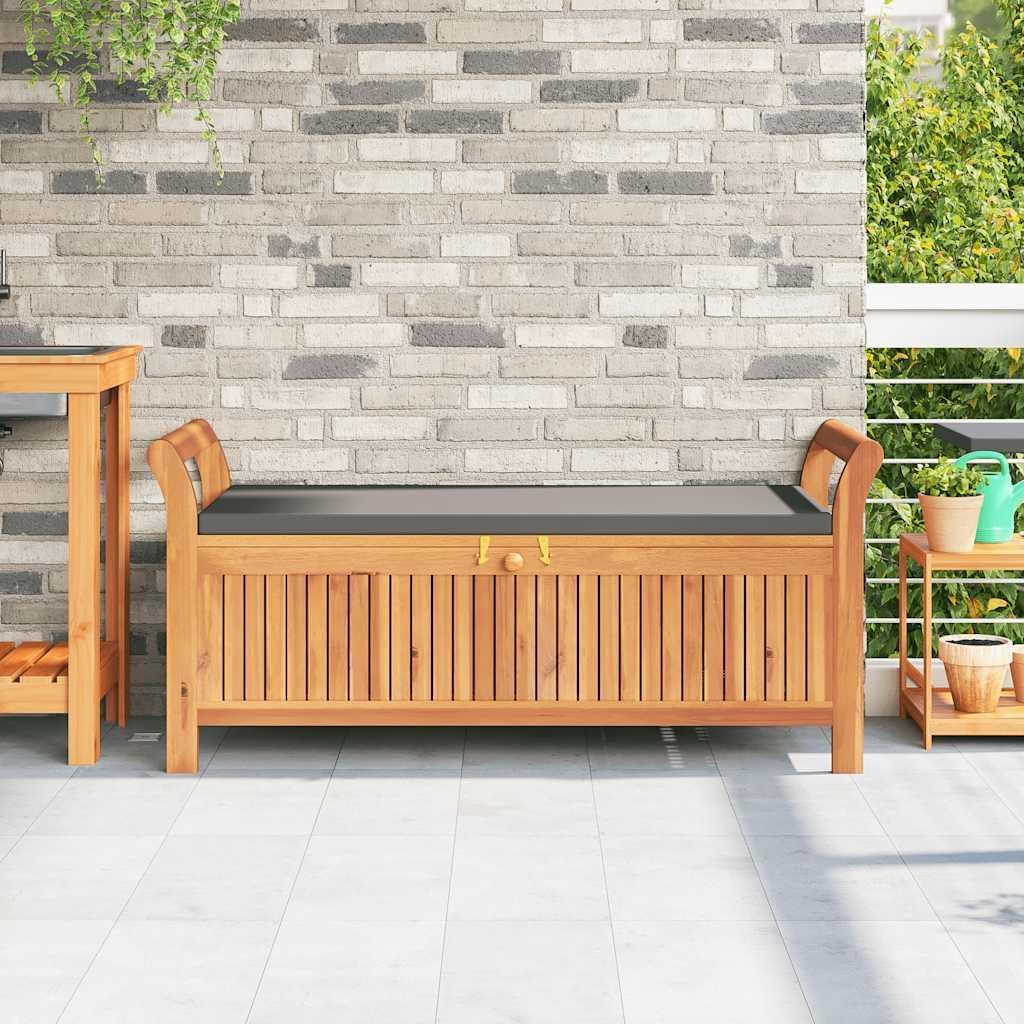 Solid Acacia Wood Patio Storage Bench with Cushion, Curved Arms, and Ample Storage Space for Garden Organization