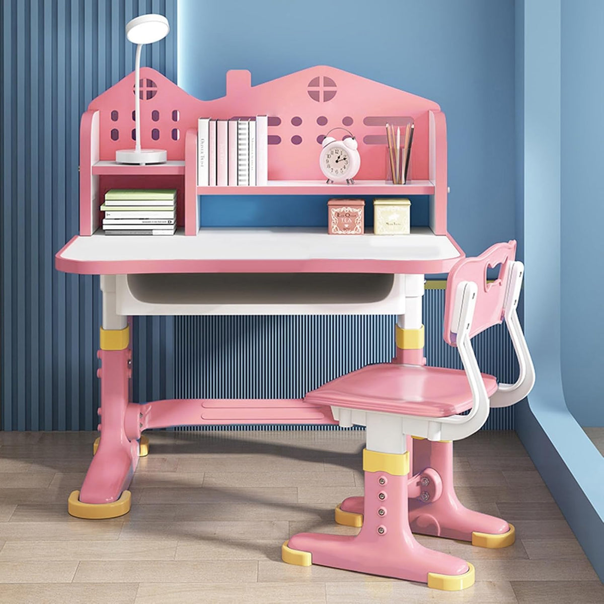 Kids Functional Desk Chair Set,Kids Desk and Chair Set, Height Adjustable Children School Study Desk with Castle Backboard, Widened Desktop, Bookstand and Storage Drawer (Pink)