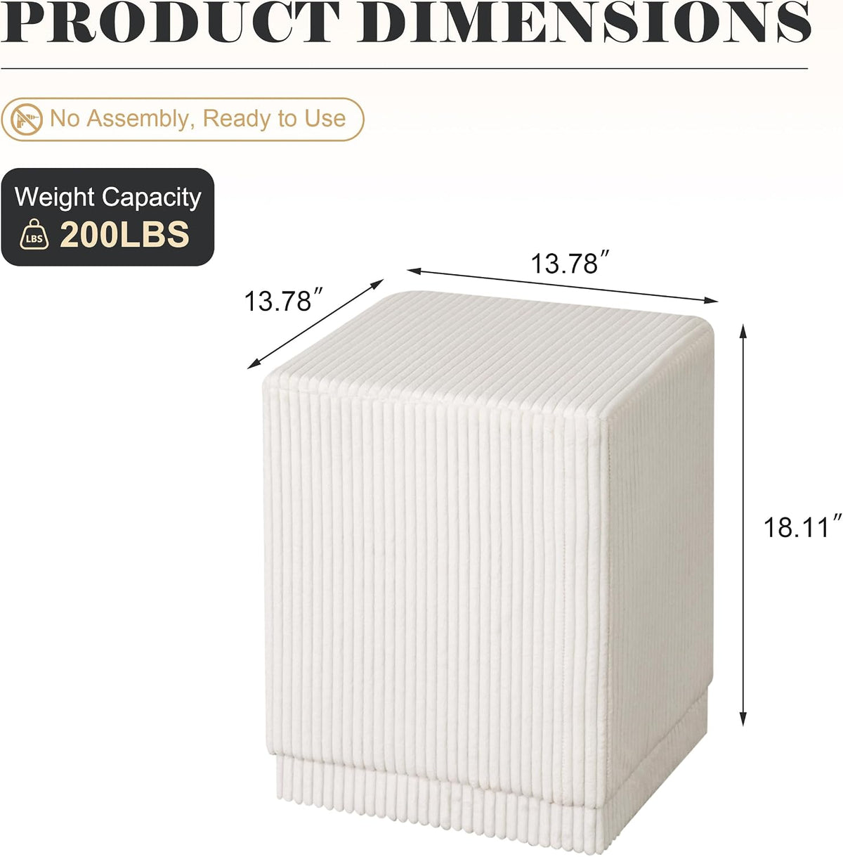 Homebeez Modern Square Ottoman, Vertical Channel Tufted Foot Stool Ottoman, Corduroy Velvet Upholstered Vanity Stool for Makeup, Bedroom, Living Room, Cream White