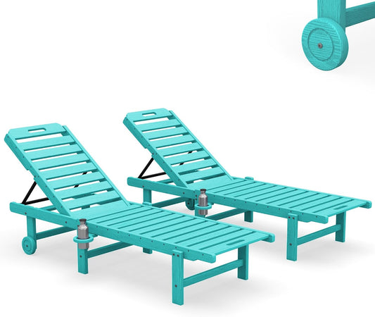 SERWALL HDPE Outdoor Chaise Lounge Set of 2 with Cup Holder & Wheels, Aruba | Weather-resistant chaise lounge resists fading, with 5-level adjustable back, cup holder and wheels.