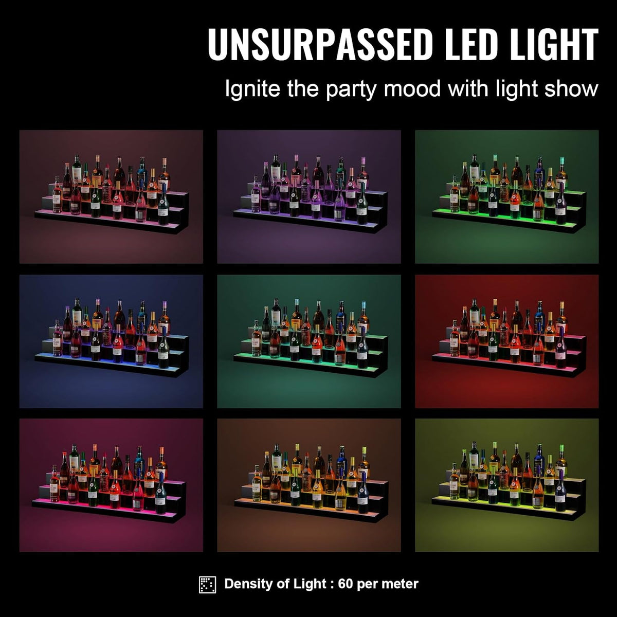 Happybuy LED Lighted Liquor Bottle Display,3 Tiers 48 Inch Commercial Illuminated Home Bar Shelf,3 Steps Whiskey Rack Stand, Acrylic Drink Shelves with RF Remote & App Control, and Multicolor lighting
