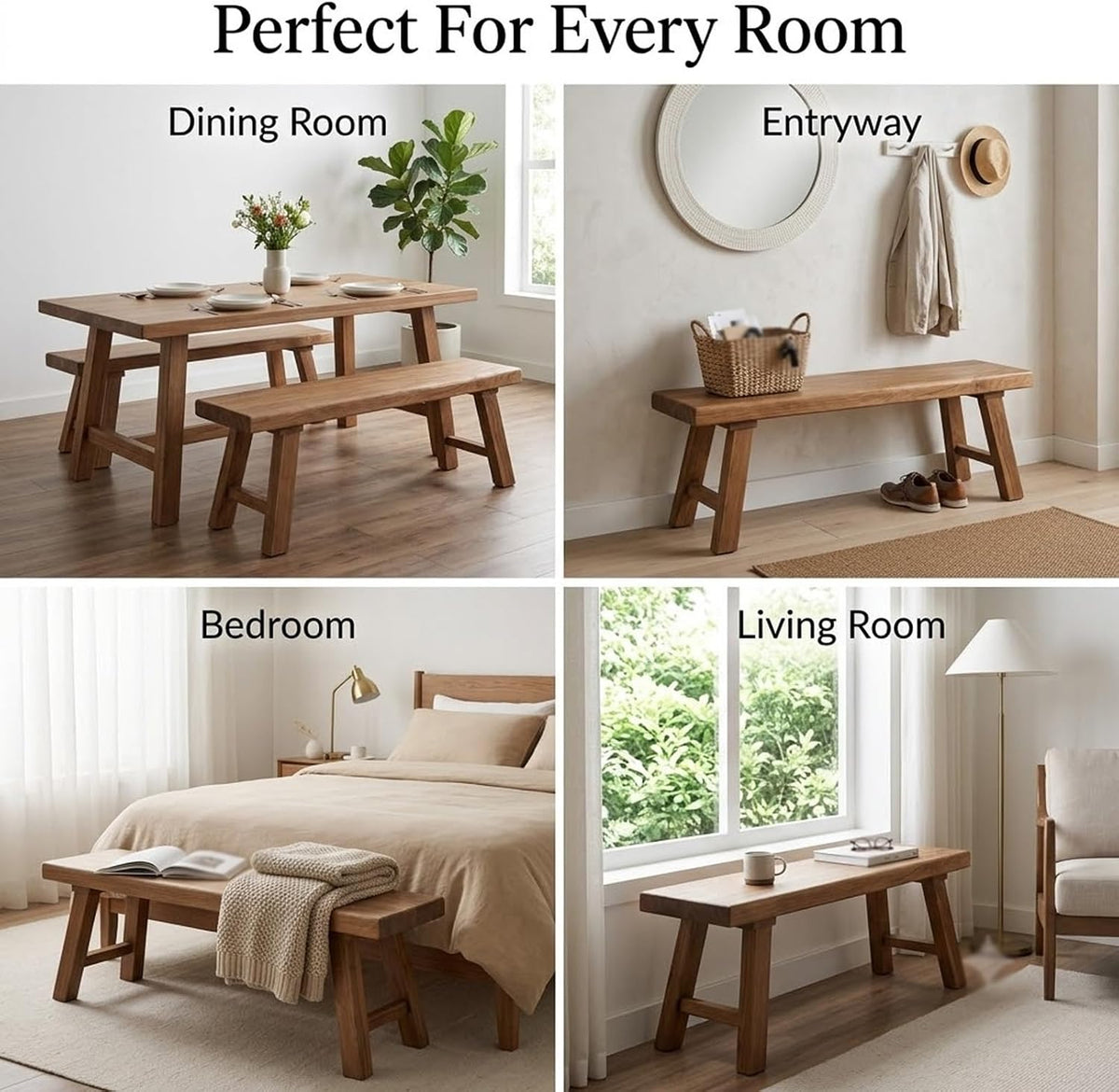 Solid Wood Bench for Entryway, 30" 36" 42" 48" 54" 60" Farmhouse Wood Dining Bench, Rustic Indoor Seating for Kitchen, Living Room & End of Bed(L: 28" x W:12" x H:18")