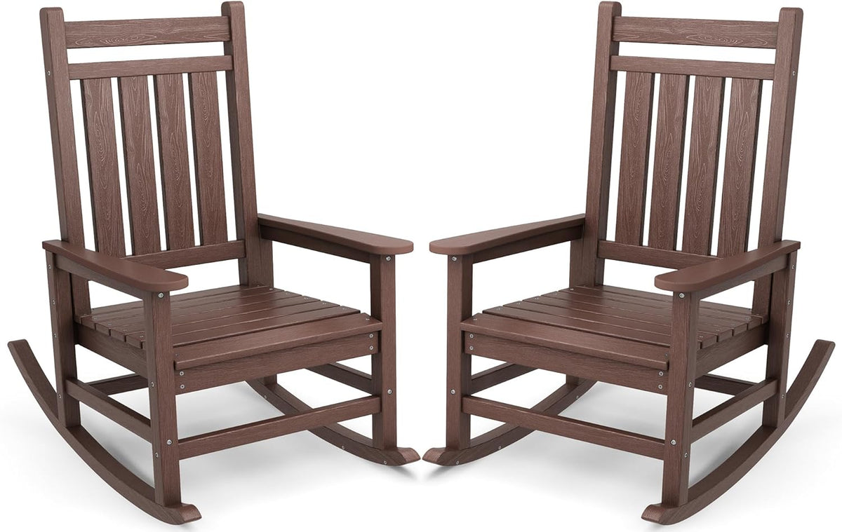 SERWALL Outdoor Rocking Chair Set of 2, HDPE Rocker for Adults, Brown | 21.1" Widened Seat adds Extra Comfort, Oversized Rocking Chair for Adults, All Weather Porch Rocker for Lawn Garden