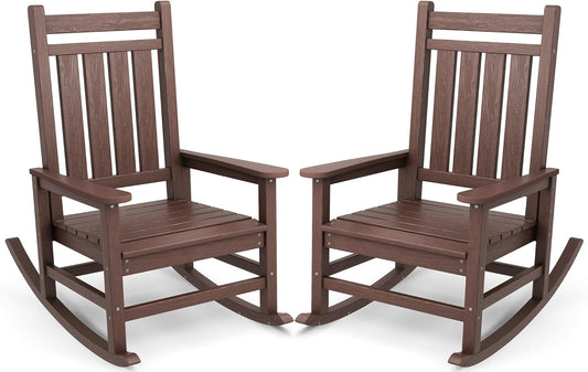 SERWALL Outdoor Rocking Chair Set of 2, HDPE Rocker for Adults, Brown | 21.1" Widened Seat adds Extra Comfort, Oversized Rocking Chair for Adults, All Weather Porch Rocker for Lawn Garden