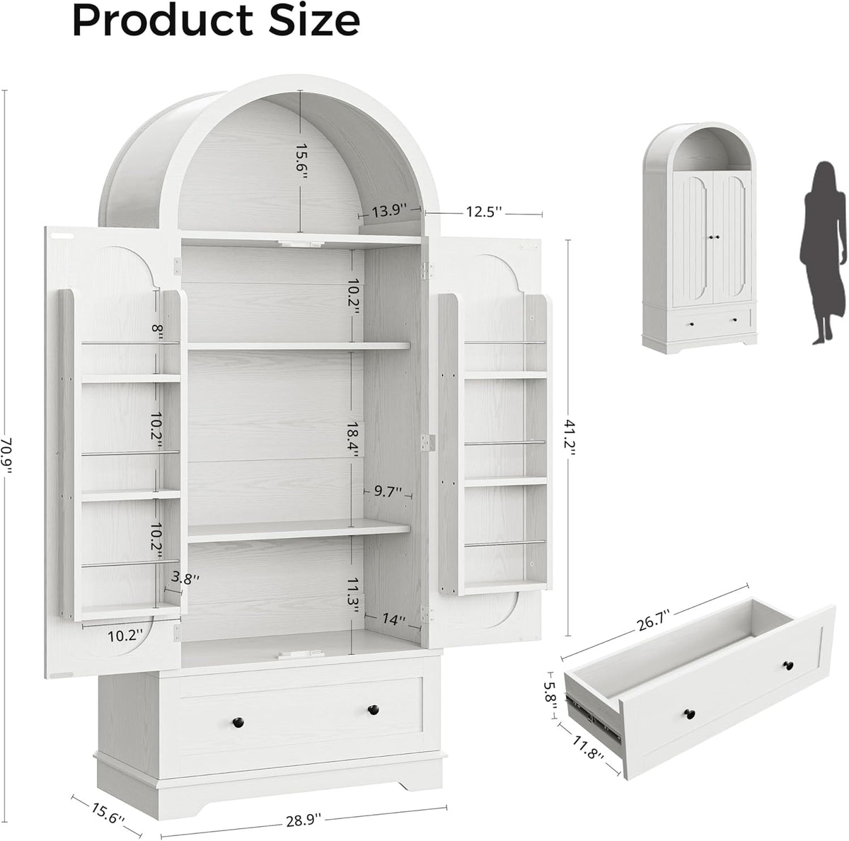 IRONCK 70.9 in Kitchen Pantry with Large Drawer Adjustable Shelves | kitchen pantry; 2 doors; large drawer; adjustable shelves; arched open shelving