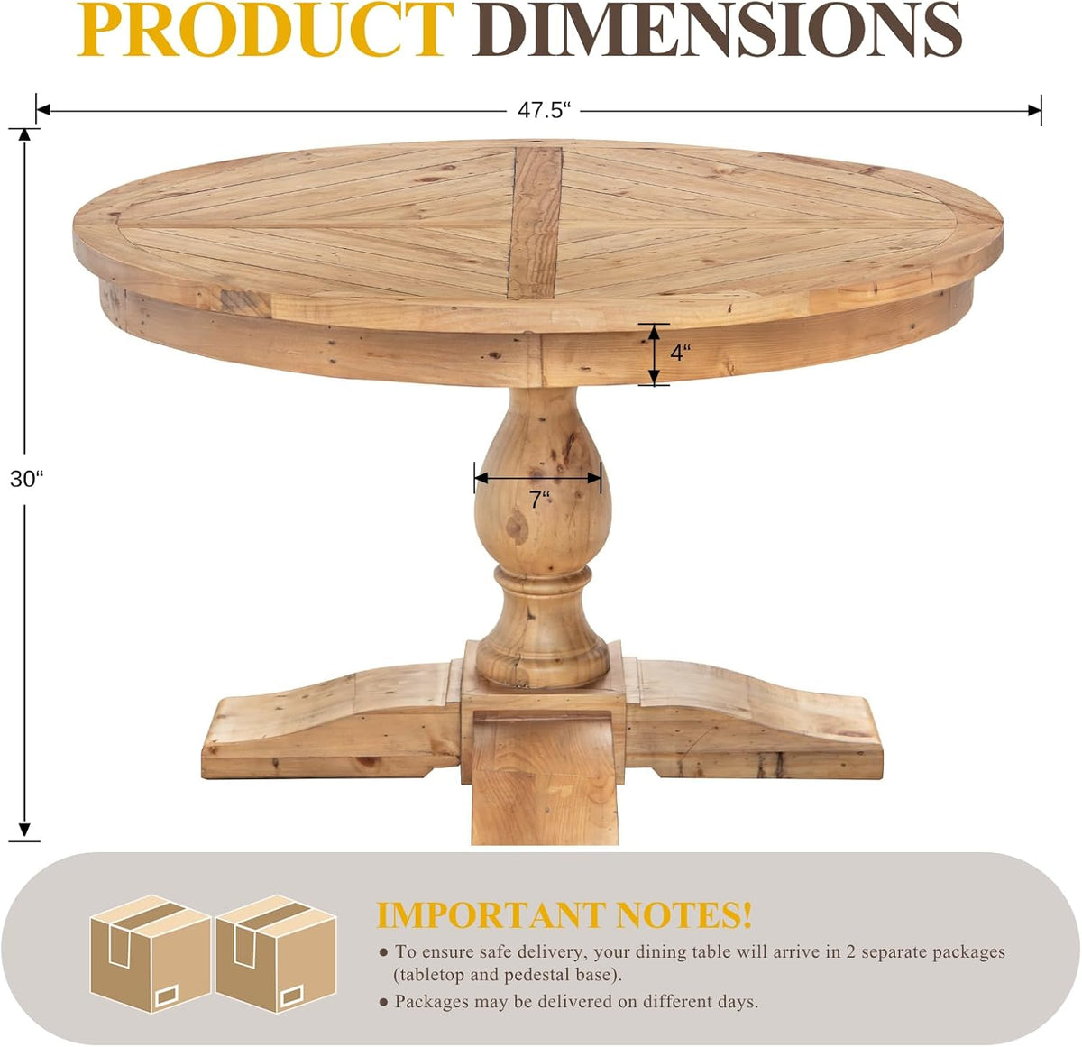47" Round Dining Table with Wooden Pedestal Base, Reclaimed Pine Wood Dinner Table for 4, Heavy Duty Pedestal Table for Kitchen/Dining Room/Living Room/Restaurant, Natural