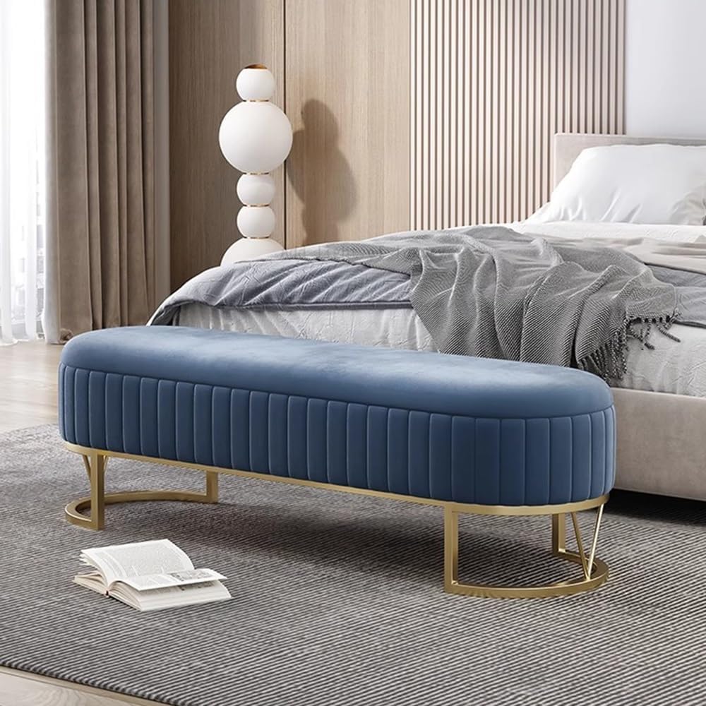 Modern Storage Bench Upholstered Bedside Stool with Metal Legs Modern for Living Room Entryway Entryway(Blue,Small)