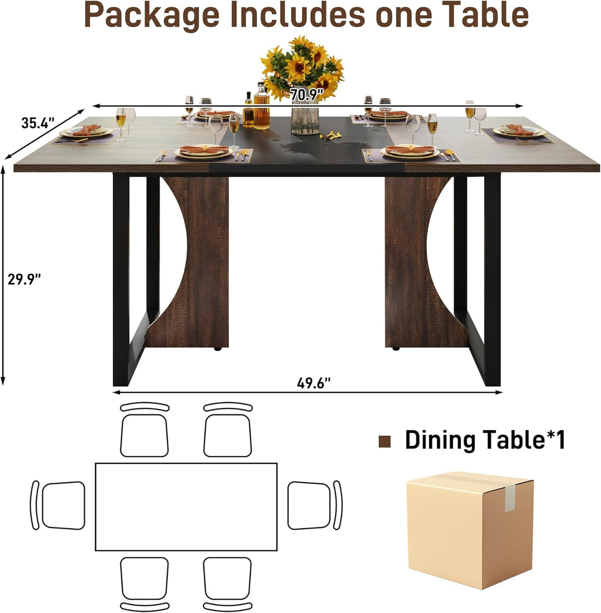 70IN Large Dining Table for 4 5 6 People,Farmhouse Kitchen Dinner Table W/Brown Wood Waterpoof Tabletop,Rectangular Family 6FT Dining Tables w/Adjustable Leg for Office Home Living Dining Room