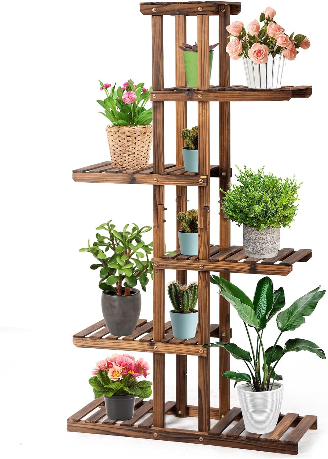 COSTWAY 6-Tier Multifunctional Wood Flower Stand, Shelf Holder for Multiple Plants, Freestanding Plant Rack for Garden, Patio, Balcony, Living Room, Indoor, Outdoor (29.5''x10''x55.5'')