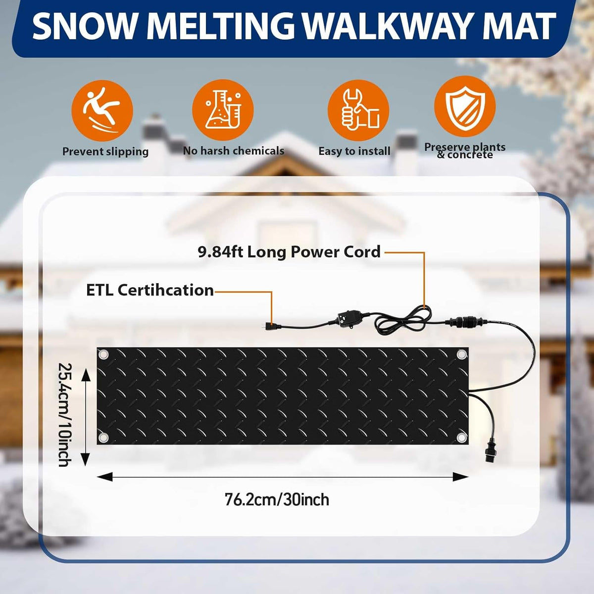 Riakrum 8 Pcs Heated Snow Melting Mats Outdoor, 10 x 30 in Winter Anti-Slip Heated Rubber Mat for Walkways Decks and Sidewalks, Snow and Ice Melting Pads Connection with 9.84 ft Power Cord