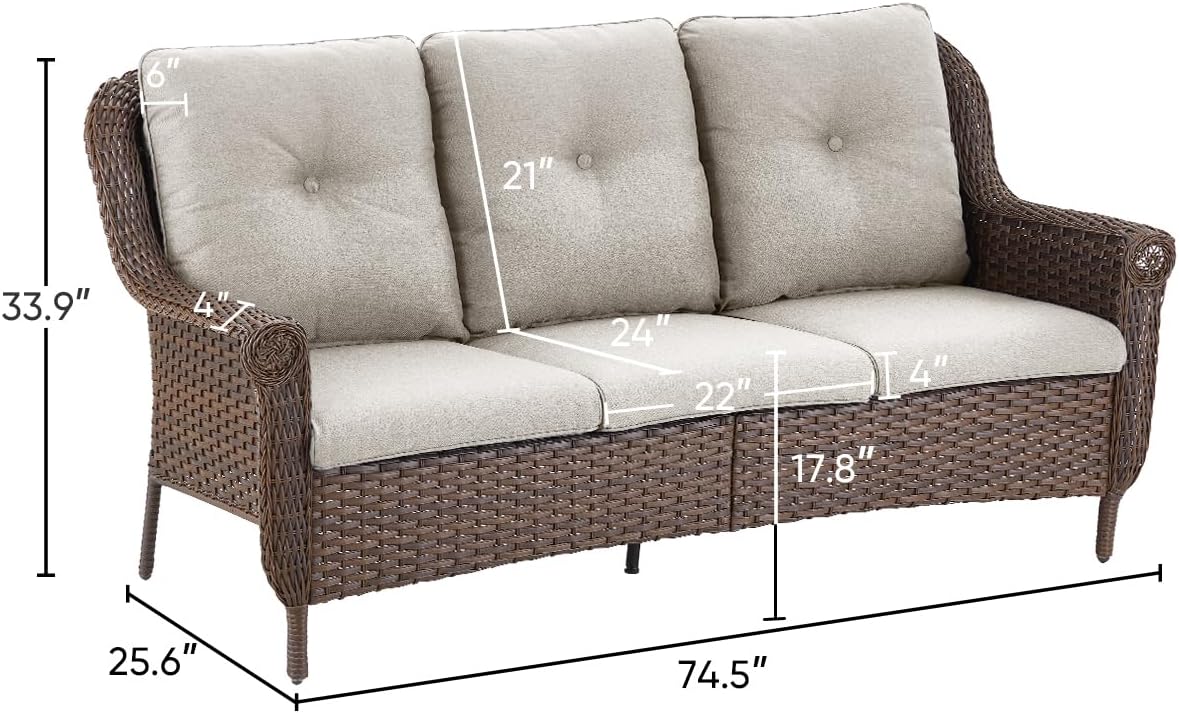 Patio Couch Outdoor Wicker Sofa - Heavy Duty All-Weather Brown Rattan 3-Seater with High Back and Comfortable Thick Cushions for Garden Back Porch Poolside Apartment - Beige