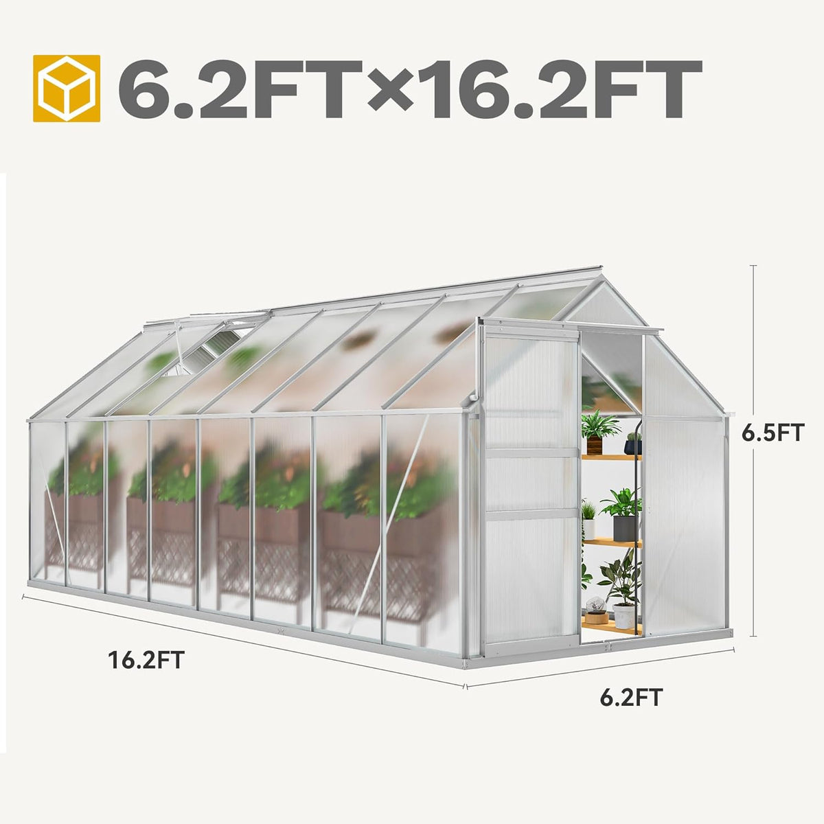 DWVO 6x16FT Polycarbonate Greenhouse Heavy Duty Green Houses Outdoor Aluminum Greenhouses with Sliding Doors Vent Window Walk-in Greenhouse Large Sun House for Garden Backyard, Matte Sliver