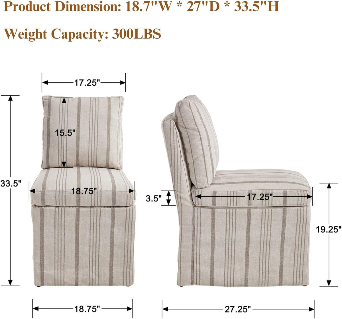 Upholstered Dining Chairs Set of 6 Slipcovered Armless Dining Chair with Solid Wood Legs, Soft Padded Upholstered Side Chair for Dining/Living/Readin Room, Banquet, Khaki Stripe