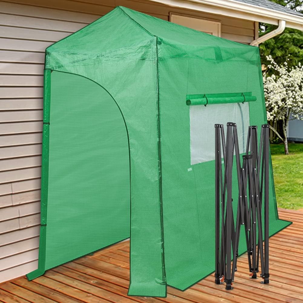 EAGLE PEAK Instant Pop-up Greenhouse, Indoor Outdoor Plant Gardening Green House, Roll-Up Zipper Doors and Side Windows, Lean-to 9x4 ft, PE Cover, Green/Clear