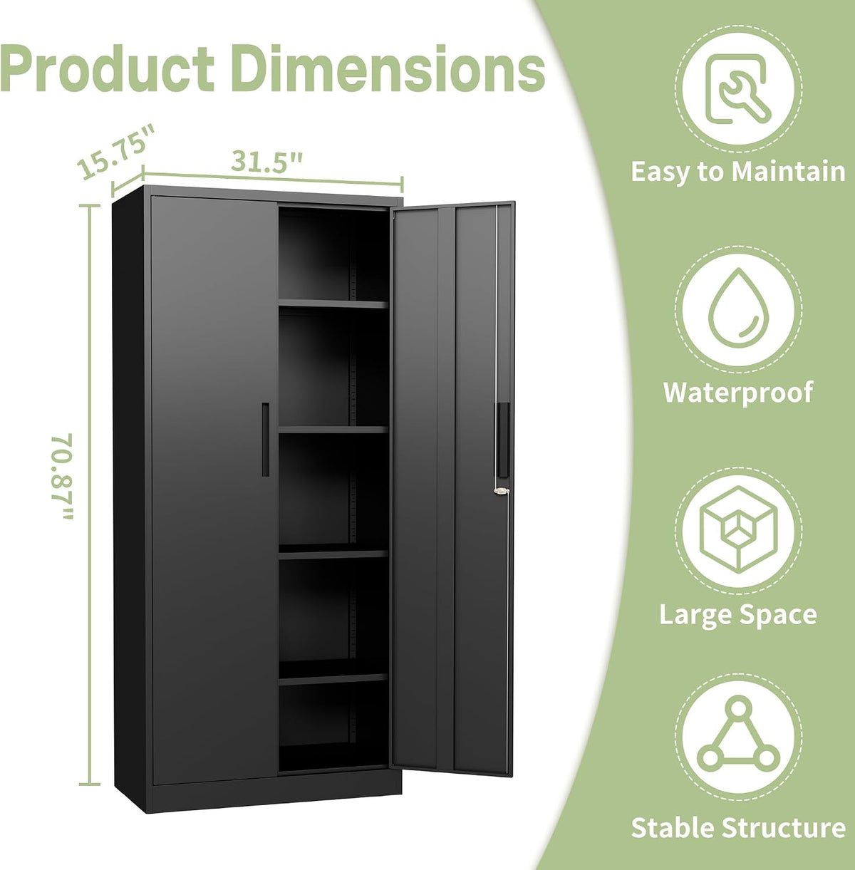 Metal Storage Cabinet, 72" H Garage Storage Cabinet with Doors and Adjustable Shelves, Heavy Duty Locking Tool Cabinet Utility Cabinets for Home Office, Garage, Warehouse, School (Black)