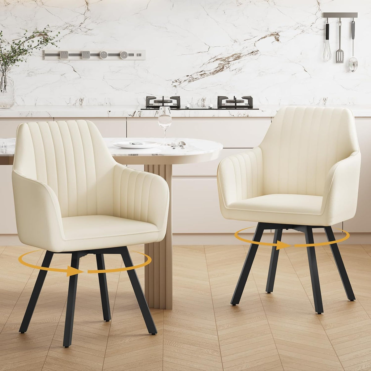 Furniliving Swivel Dining Chairs Set of 2, 360° Swivel Dining Room Chairs with Mental Legs, Mid Century Modern Kitchen Dining Room Chairs with Arms & Thickened Cushions for Kitchen, Velvet, Beige