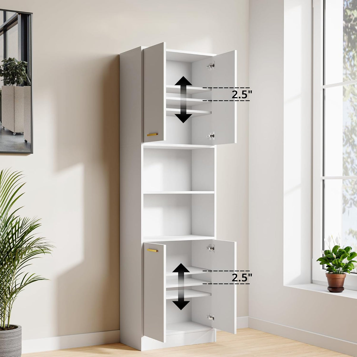 Cozy Castle Kitchen Pantry Cabinet, 75" Tall Wood Storage Cabinet with Doors and Shelves, 4 Doors Open Countertop Utility Hutch Cupboard for Dining Room Living Room Bathroom Furniture, White