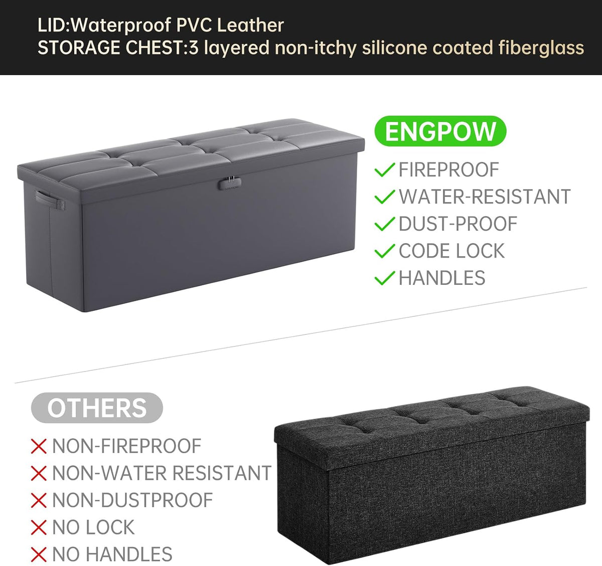 ENGPOW Storage Ottoman, Fireproof Folding Bench with Lock(15”x 43”x15”), Water-Resistant ＆ Heat Insulation Large Storage Chest with Handles＆2 Extra Spaces Safe for Living Room, Bedroom, Home, Grey