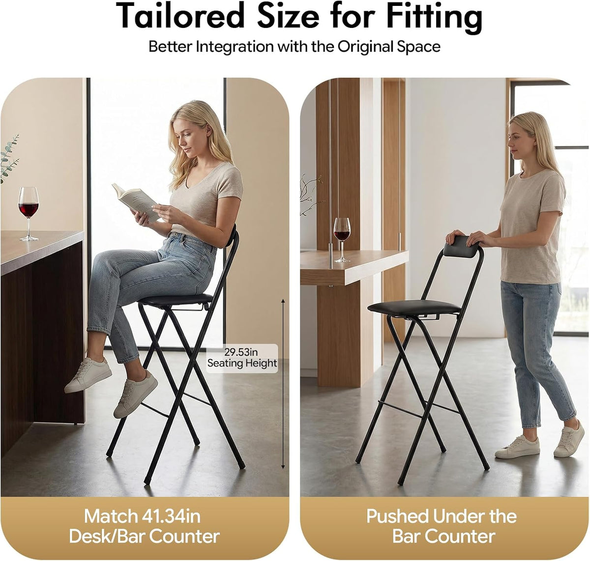 1PCS Folding Bar Stool with Back, 29inch Seat Height Collapsible Bar Stool, Counter Metal Bar Stools 275lbs Capacity, Portable Black Chairs with Footrest, Padded Portable Stools for Home