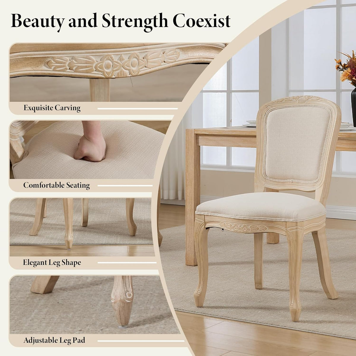 Kmax French Dining Chairs Set of 4, Farbric Upholstered Dining Chairs with Elegant Curved Legs High Back Armless Kitchen Chairs Side Chairs for Dining Room Restaurant - Linen, Beige/Natural Legs