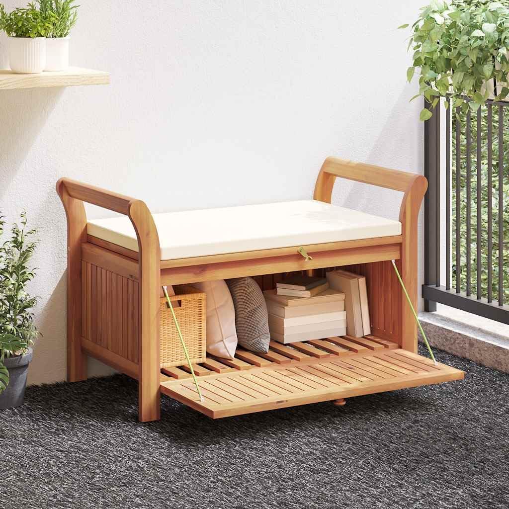 Outdoor Storage Bench with Cushion, Acacia Wood Garden Deck Box for Patio Seating, Cream White, 49.6 x 19.7 x 23.6 Inches
