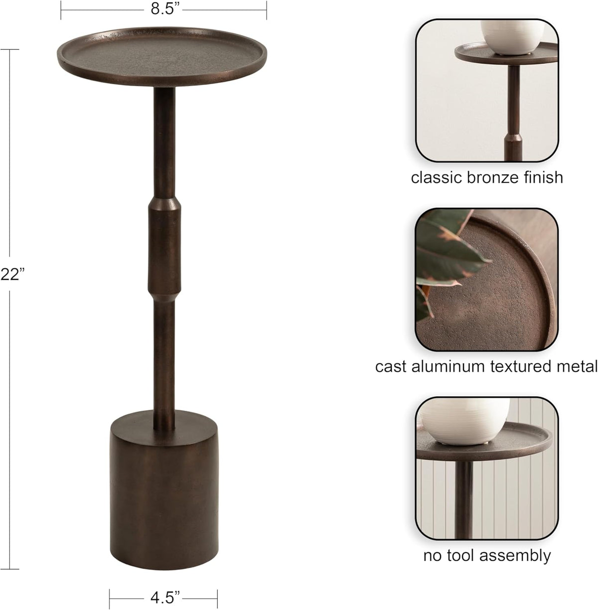 Kate and Laurel Truxton Modern Round Metal Drink Table, 9 x 9 x 22, Bronze, Transitional Cast Aluminum Pedestal Table for Use as Indoor Plant Stand or Living Room Decor