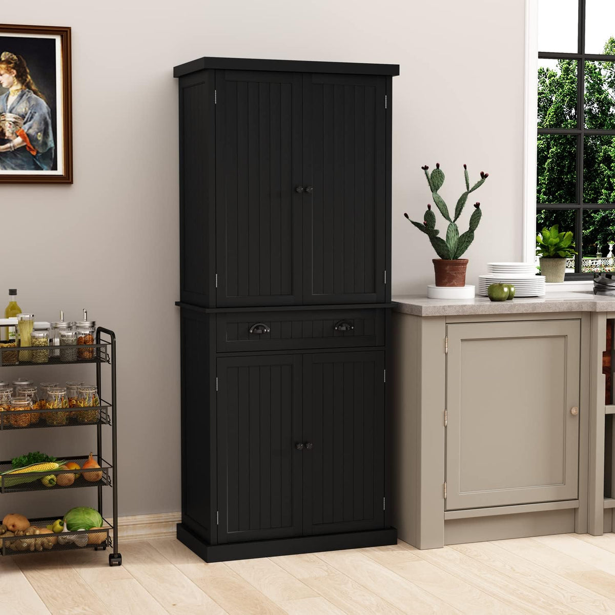 HLR 72" Kitchen Pantry Storage Cabinet, Freestanding Larder Cupboard with Doors and Adjustable Shelves, Pantry Cabinet for Dining Room, Living Room