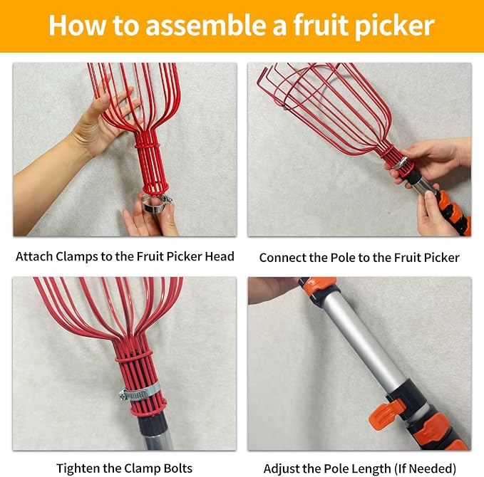 26FT Reach Fruit Picker Pole, Telescopic Picking Pole with Gentle Grip Claw & Collapsible Basket, Adjustable Apple Picker Pole Tool for Avocado Orange Lemon Pear Mango