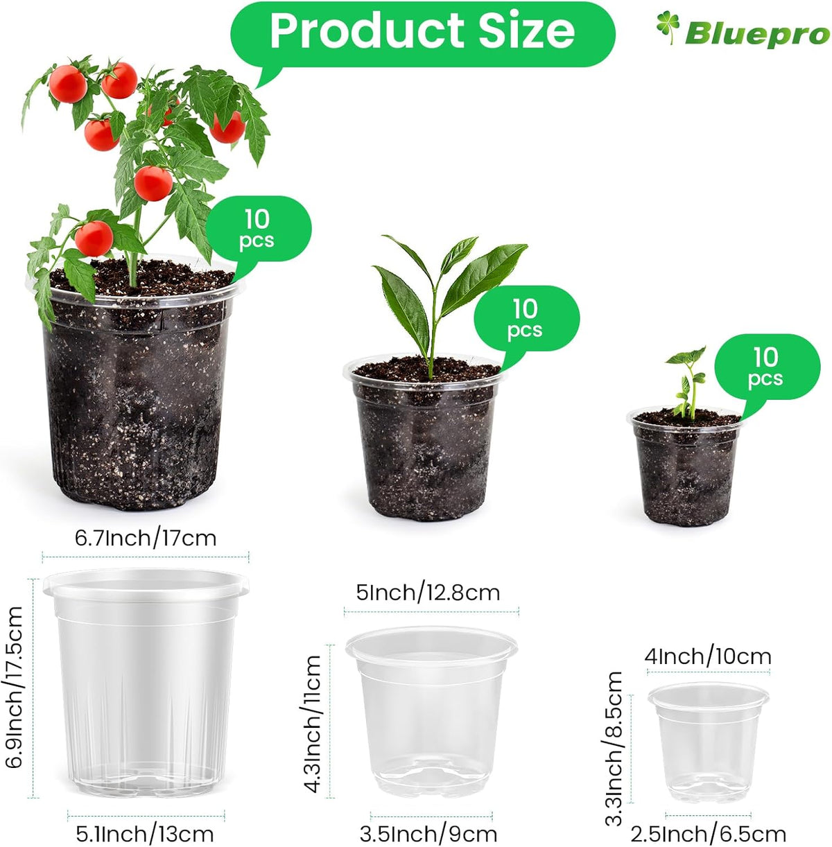 36 Packs 5/4/3.5 Inch Reinforced Clear Nursery Pots with Drainage Hole, Transparent Variety Pack Plastic Plant Pot Seedling Planter Seed Starter Flower