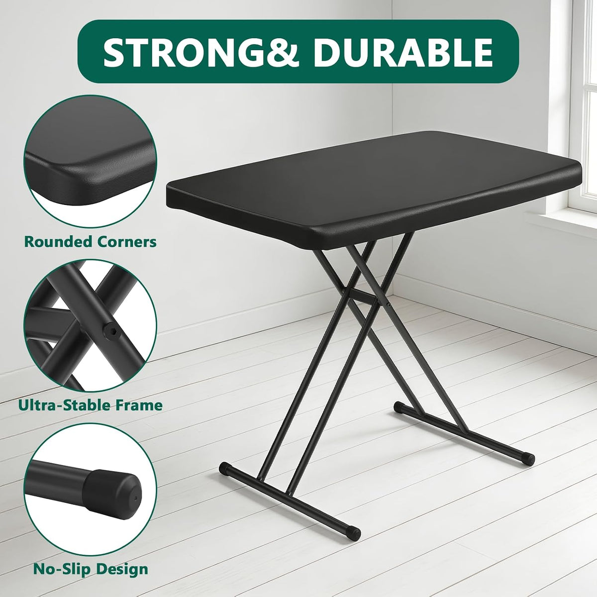 Folding Table 30 Inch -2Pack, Small Desk Adjustable Height TV Tray for Laptop, Couch, Camping - Heavy Duty Utility Foldable Table for Small Spaces, No Assembly Required, Black Granite
