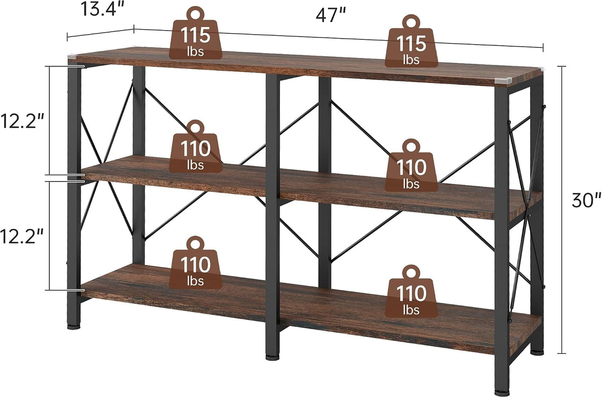 47" 3 Tier Industrial Book Shelf, Free Standing Horizontal Low Metal Rustic Farmhouse Book Case with Wood Shelves for Home Office, Den, or Living Room Rustic Brown and Black