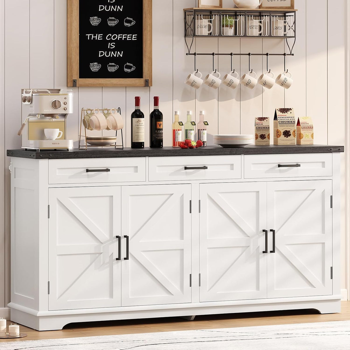 usikey 61” Large Sideboard Buffet Cabinet with 4 Doors and 3 Drawers, Farmhouse Buffet Table, Dining Room Storage Cabinet for Kitchen or Living Room, White